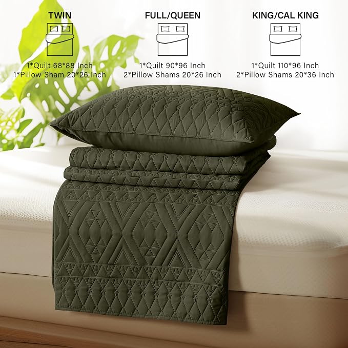 akkialla Twin Size Quilt Bedding Set,Olive Green Lightweight Microfiber Soft Bedspreads,Modern Style Geoetric Pattern Coverlet Set for All Seasons,2 Piece(1 Quilt,1Pillow Sham)