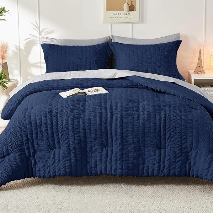 HYMOKEGE Navy Blue/Light Grey Oversized King Comforter Set Seersucker 7 Pieces, All Season Luxury Bed in a Bag for Bedroom, Bedding Set with Comforter, Sheets, Pillowcases & Shams