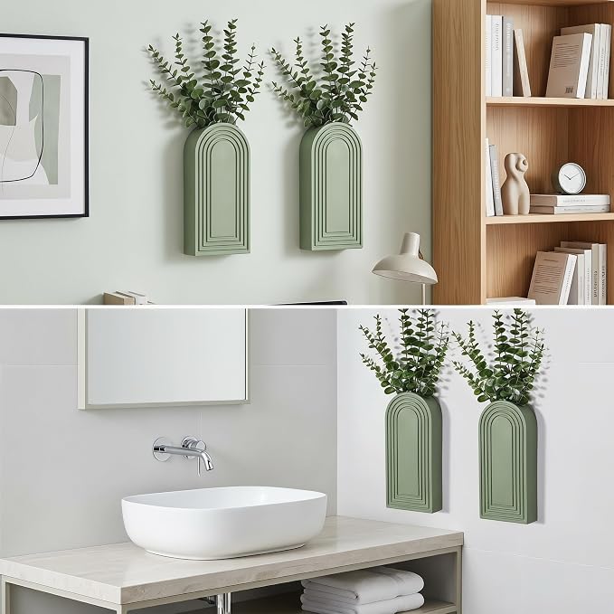 Dnnnii 2 Pack Wooden Wall Vase Set - Green Finish Modern Farmhouse & Boho Wall Decor for Entryway, Hallway, Bathroom, Living Room, Dining Room, Narrow Spaces