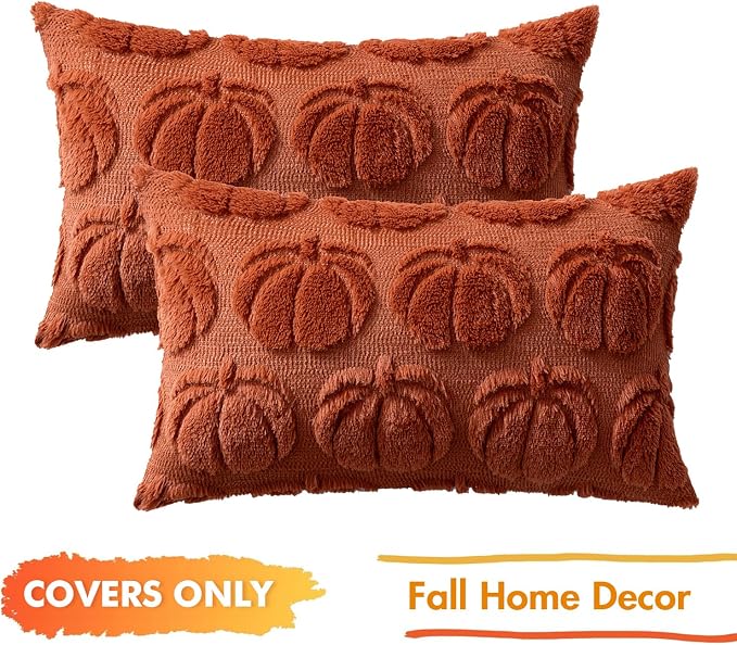 MIULEE Fall Pillow Covers Pumpkin Fall Decor Lumbar 12x20 Rust | Set of 2 Fall Decorations for Home, Plush Faux Fur Farmhouse Accent Pillowcases, Porch Sofa Couch Cushion Bed Livingroom