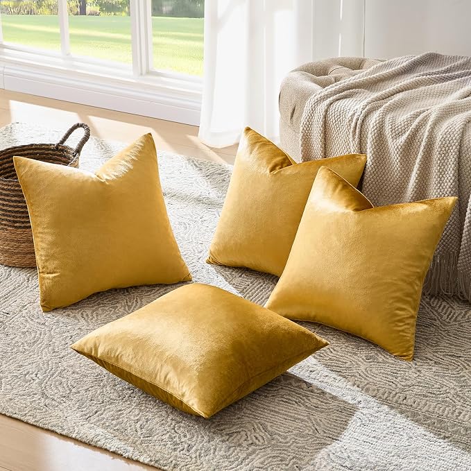 GIGIZAZA Pack of 4 Golden Decorative Velvet Pillow Covers 18x18 | Throw Pillows for Couch Sofa,280gsm Soft Textured Fabric,Modern Accent Pillowcases,Luxury Living Room Cushion Covers