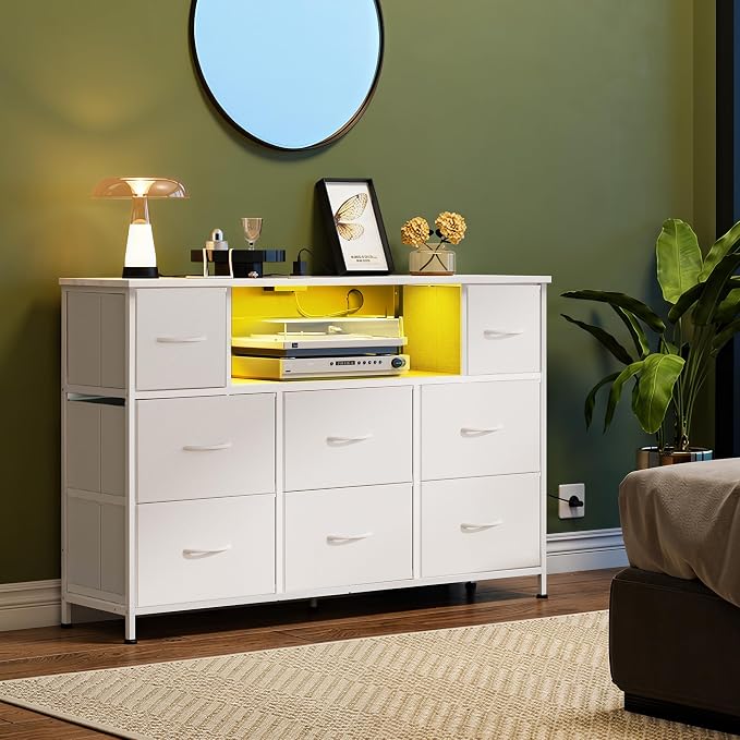 WLIVE LED Dresser TV Stand for 55 Inch TV, 8 Drawers, White | Fits TVs up to 55 inch, 8 fabric drawers, LED chest of drawers, Built-in power outlet, Living room or bedroom