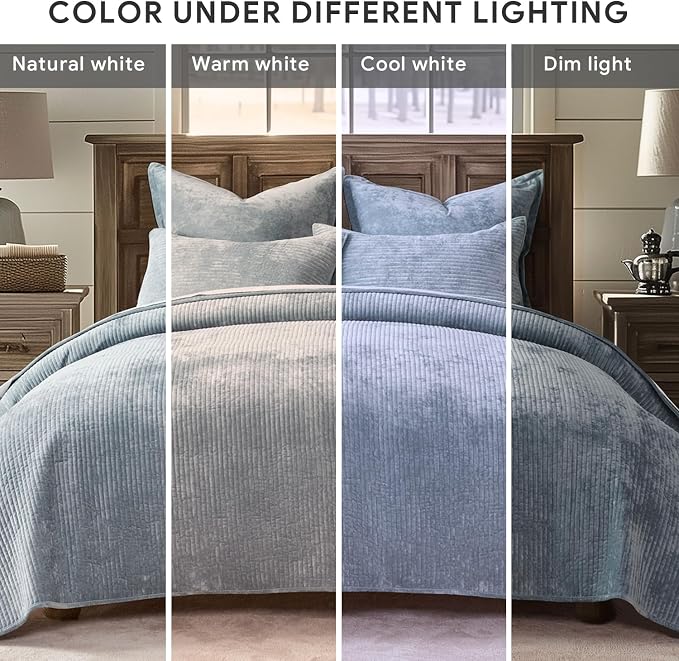 Striped Channel Velvet Quilt Set, King Size, Blue Linen | Luxurious Soft Lightweight Velvet Comforter, Oversized Bedspread Coverlet, Quilted Bedding Set for All Season, with 2 Shams