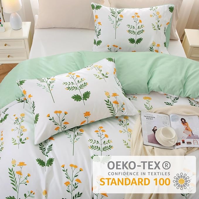 Duvet Cover King Size, Reversible Floral Vintage Duvet Cover Set with Zipper Closure, 3 Pieces Botanical Patterns Soft Microfiber Bedding Set (90"x104", 2 Pillow Cases, Honeysuckle Green White)