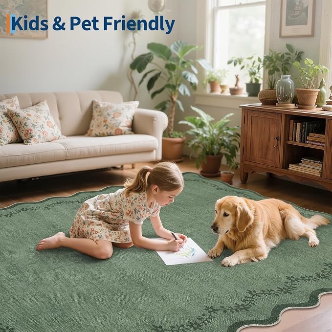 GarveeHome 6x9 Scalloped Area Rug Soft Washable Rug for Living Room Bedroom | Soft Green Low Pile Non Slip Accent Floor Mat Solid Print Throw Rug Indoor Carpet for Dining Room Dorm Playroom