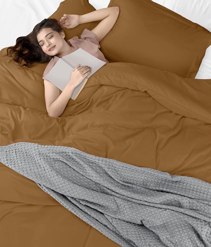 Duvet Cover Queen, 3 Piece Cotton Like Polyester With Zipper Closure, Mocha | Extra Soft and Breathable, Wrinkle & Fade Resistant, Includes Duvet Cover and 2 Pillow Shams, Comforter Not Included, OekoTex