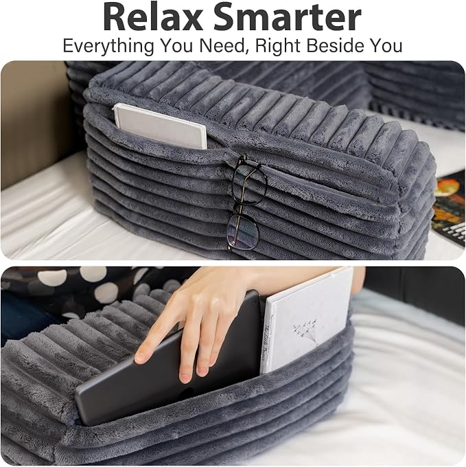 ENITYA 22" XL Back Pillow for Bed Sitting Up with Armrests & Big Pockets | Reading Pillow for Bed, Soft Back Support Chair, Ideal for Watching TV, Gaming, Nursing, Resting, Post Surgery, Dark Grey