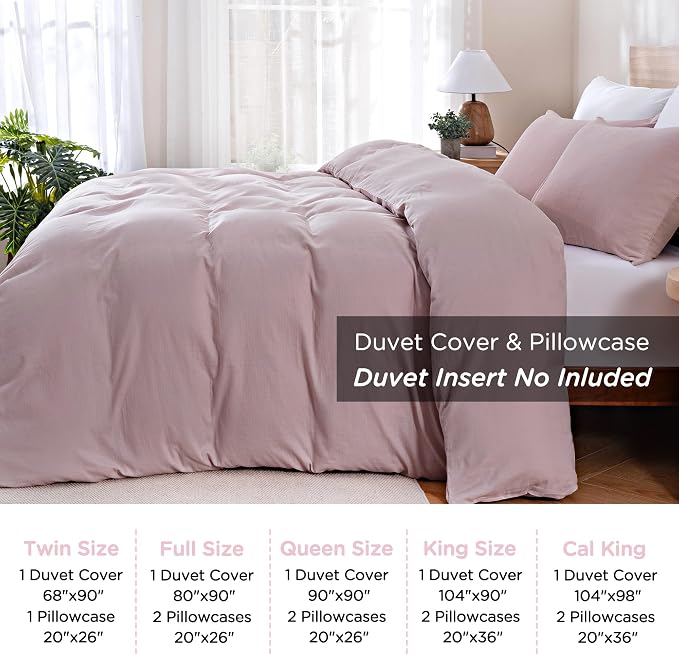 TOCOMOA 100% Muslin Cotton Duvet Cover Set, Pink, Queen | Linen-Like Texture. Ultra Soft, Breathable, Comfy & Lightweight Bedding Set with Zipper & 8 Ties. 3 Pcs, No Insert
