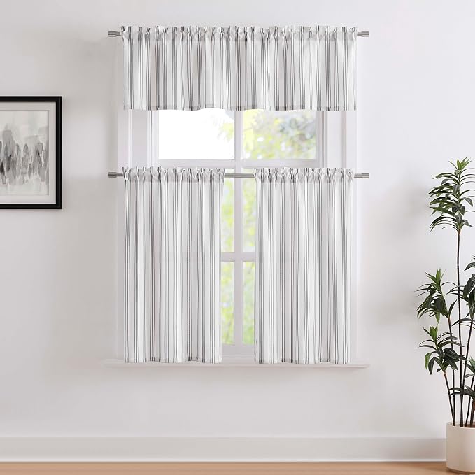 ZJDECOR Black White Cotton Blended Farmhouse Kitchen Curtains,27" Wx45 Lx2 | Cafe Kitchen Curtain,Light Filtering,Rod Pocket,Cotton Blended Tiers,Cottage Style,Bathroom RV Window Treatment