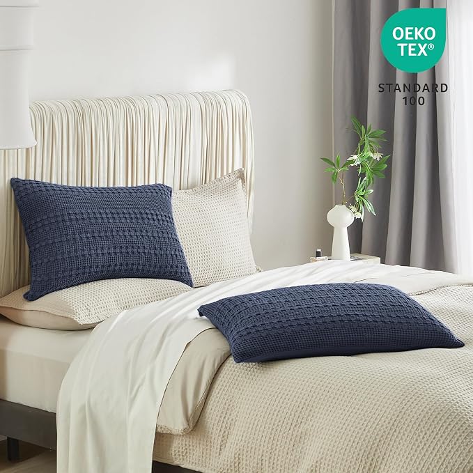 PHF 100% Cotton Waffle Pillow Shams King Size, 2 Pack 20" x 36" Soft Skin-Friendly Pillowcases, No Filling, Aesthetic Woven and Breathable Waffle Weave Pillow Case Covers for Bed, Indigo