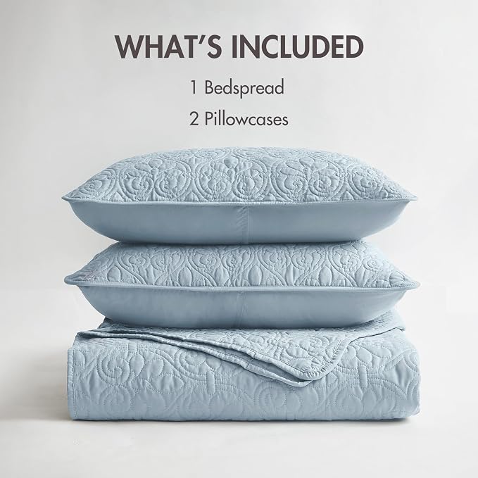 Madison Park King Quilt Bedding Set, Cottage-Inspired Damask, 3PC | All Season Quilted Coverlet, Classic Stitch Pattern Bedspread & Shams, Ultra Soft Microfiber Bedspread Set, Blue