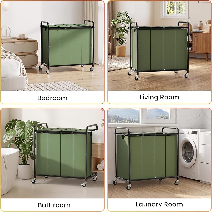Laundry Sorter 4 Sections 48 Gal, Rolling Laundry Basket with Wheels & Lid | Laundry Hamper, 4 Separated Removable Bags, Lockable Wheels, Dirty Clothes Hamper for Laundry Room Organizer, Green