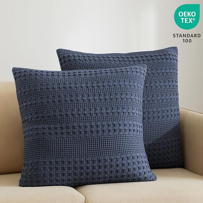 PHF 100% Cotton Waffle Weave Euro Sham Covers, 2 Pack 26" x 26" Bed Pillow Covers for Elegant Home Decor, No Filling, Luxury Aesthetic Soft Euro Pillow Cases for Bed, Indigo