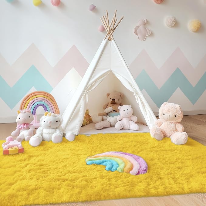 OLANLY Area Rugs for Living Room Bedroom, Machine Washable 4x5.9 ft Soft Fluffy Shaggy Bedside Rug, Indoor Floor Carpet for Kids Girls and Boys, Dorms, Nursery Rooms, Home Decor Aesthetic, Yellow