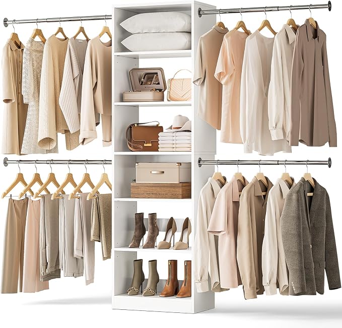 ONBRILL W1 3.5FT-7.7FT Closet System with 4 Chrome-Plated Telescopic Rods | Modular Closet Organizer System with 6 Adjustable Shelves, Custom Wood Walk-In & Reach-In Closet Organizer, Wall Mount, White