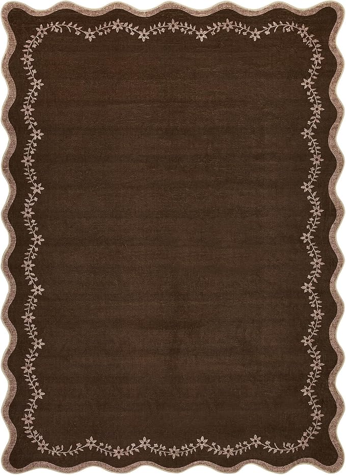 GarveeHome 5x7 Scalloped Area Rug Brown Washable Bedroom Living Room Rug | Soft Low Pile Non Slip Accent Floor Mat Solid Print Throw Rug Indoor Carpet for Dining Room Dorm Playroom