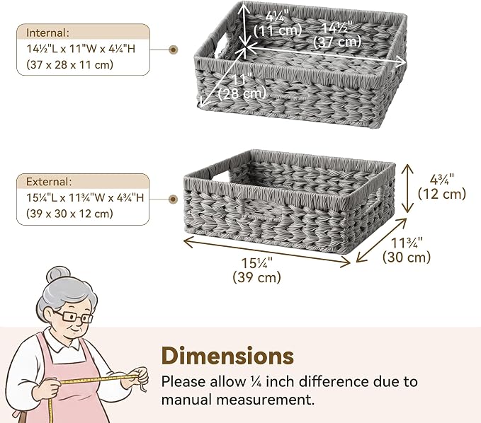 GRANNY SAYS Wicker Storage Basket for Shelves,Waterproof Gray Basket,1-Pack | Handwoven Wicker Baskets for Organizing, Plastic Rectangle Basket, Woven Basket for Storage, Pantry Basket, Decorative Basket