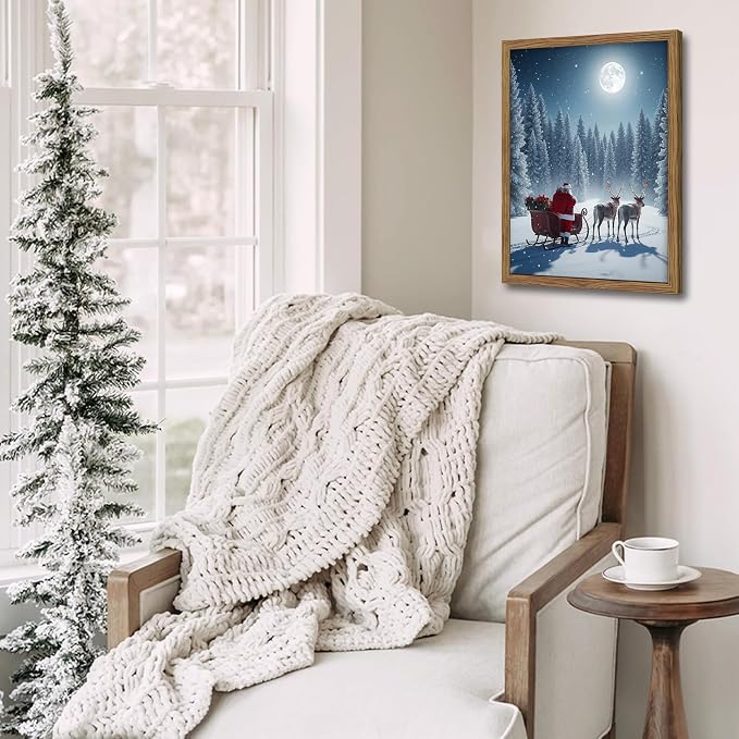 Framed Christmas Pictures Wall Decor, Santa Delivering Christmas Gifts Canvas Prints, Winter Holidays Pine Trees Wall Art, Christmas Snow Scene Santa Reindeer Decorations – 12x16in