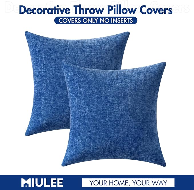 MIULEE Soft Chenille Throw Pillow Covers Royal Blue 18x18 Inch Pack of 2 | Modern Home Decor, Classic Decorative Pillows, Solid Dyed Cases, Boho Couch Cushion Covers for Sofa Bed Living Room