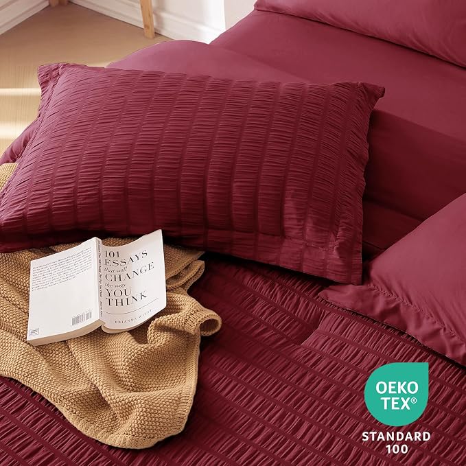 7 Pieces California King Comforter Set, Seersucker Bed in a Bag Cal King Size, All Season Luxury Bedding Set with Comforter, Flat Sheet, Fitted Sheet, Pillowcases & Shams, Burgundy