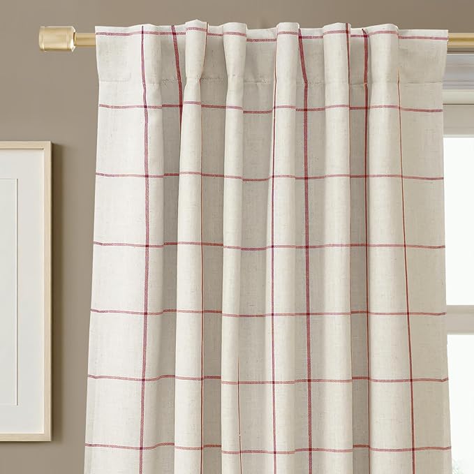 DriftAway 100% Blackout Plaid Linen Curtains 72 Inches Long 2 Panels Red | 100% Blackout, Linen Texture, Plaid Pattern, Two Layers, Rod Pocket & Back Tab, Bedroom Living Room Use, Luxury Appearance