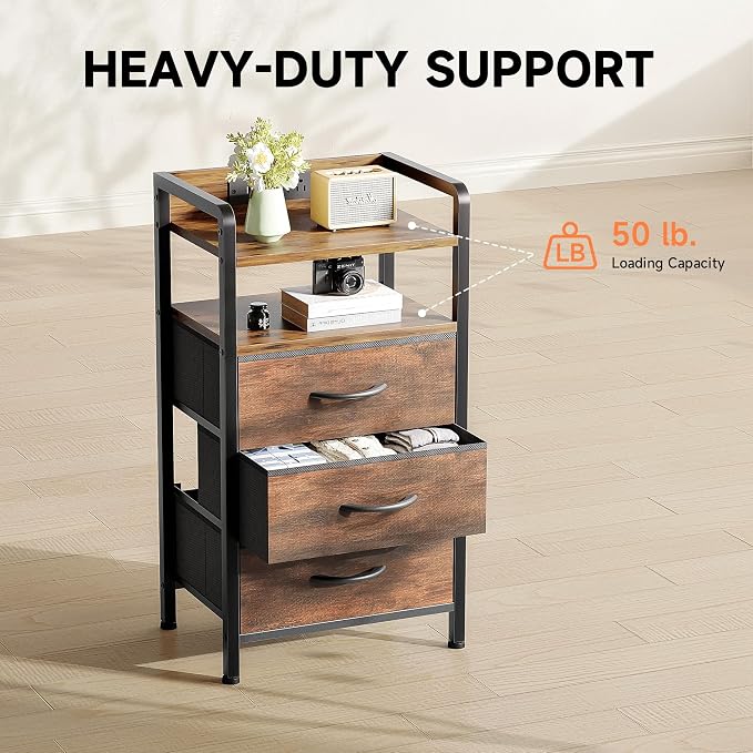 Lazzanto Nightstand with Rear Charging Station, LED Light, 3 Drawers, Brown | Industrial Nightstand, 2 USB-A Ports & AC Outlets, Raised Back Guard, Fabric Storage Drawers, Bedside Table for Bedroom, Dorm