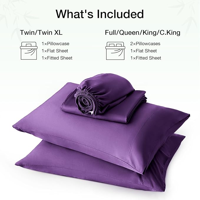 Love's cabin 3 Piece Twin Sheet Set, 100% Rayon Derived from Bamboo, Cooling & Breathable, Soft Silky Deep Pocket up to 16", Hotel Luxury Bedding for Hot Sleepers, Purple