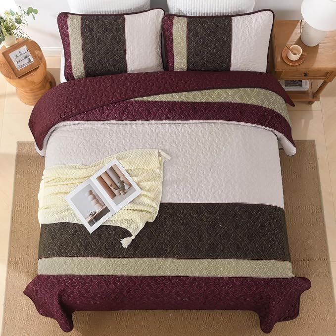 Cottolester King Size Quilt Set,Burgundy Striped Plaid Bedsperad Coverlet | Modern Boho Style,Striped Plaid Design,Ultra Soft Lightweight Microfiber Quilted Bedding Sets for All Seasons 110"x90"