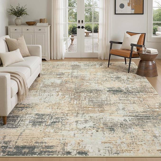 Rugflix 8x10 Area Rugs for Living Room, Washable Gold Beige Grey Large Rug | Machine Washable; Stain-Resistant; Low Pile; Non-Slip; Modern Abstract; Carpet for Bedroom Dining Office Nursery Home