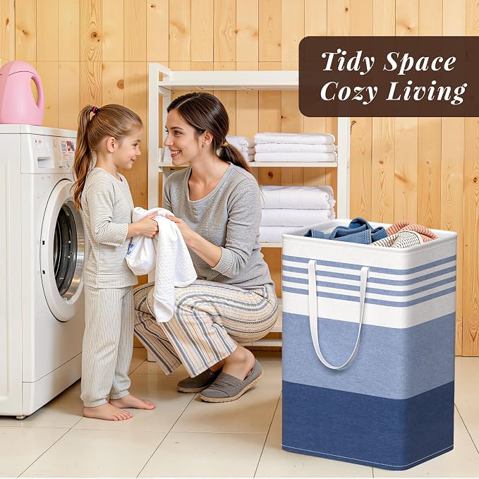 WOWBOX 2 Pack Laundry Baskets, Collapsible Dirty Clothes Laundry Hampers | with Reinforced Handles, Waterproof Coating, 2 Pack for Clean & Dirty Clothes, for Bedroom, Bathroom, Dorm (75L Blue)