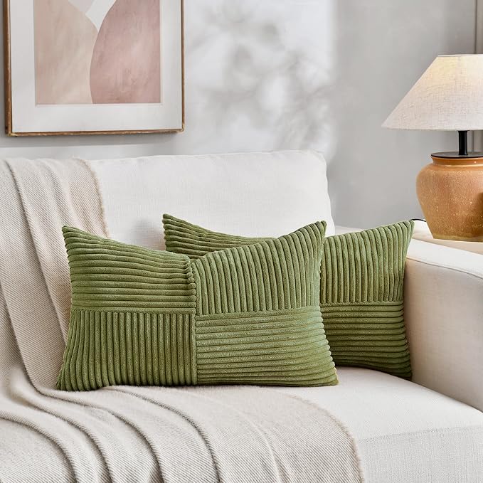 Fancy Homi 2 Packs Moss Green Lumbar Decorative Throw Pillow Covers 16x28 Inch for Living Room Couch Bed, Rustic Farmhouse Boho Home Decor, Soft Striped Corduroy Rectangle Accent Cushion Case 40x70 cm