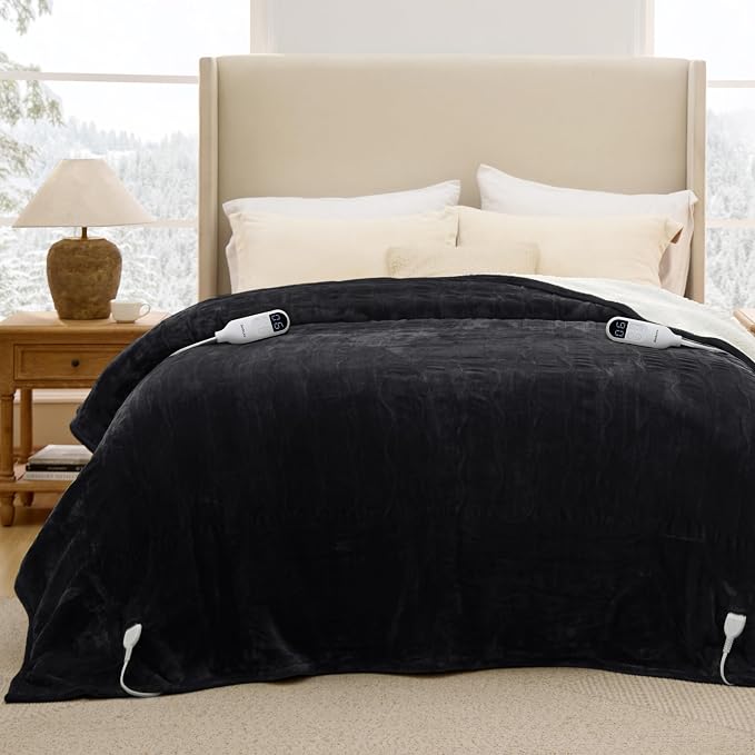 Bedsure Heated Blanket King Size, Dual Control Electric Blanket, Black | Preheat Function,6 Heat/6 Timer Settings, 8H Auto Shut-Off, ETL/FCC, Soft Flannel Sherpa, Machine Washable, 84x90in