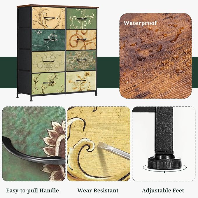 8-Drawer Dresser for Bedroom, Anti-Tip Tall Storage Organizer | Chest of Drawers with Wooden Top and Metal Frame Fabric Bins for Closet, Living Room, Hallway, Entryway, Floral Painted