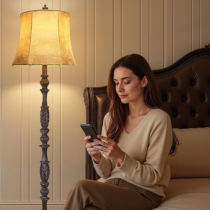 Scenekoy Vintage 66” Tall Floor Lamp for Living Room Bedroom, Dark Brown | Resin Carved Standing Lamp with Faux Leather Shade, 3-Way Adjustable Bulb, Rotary Switch Rustic Corner Light for Home Decor