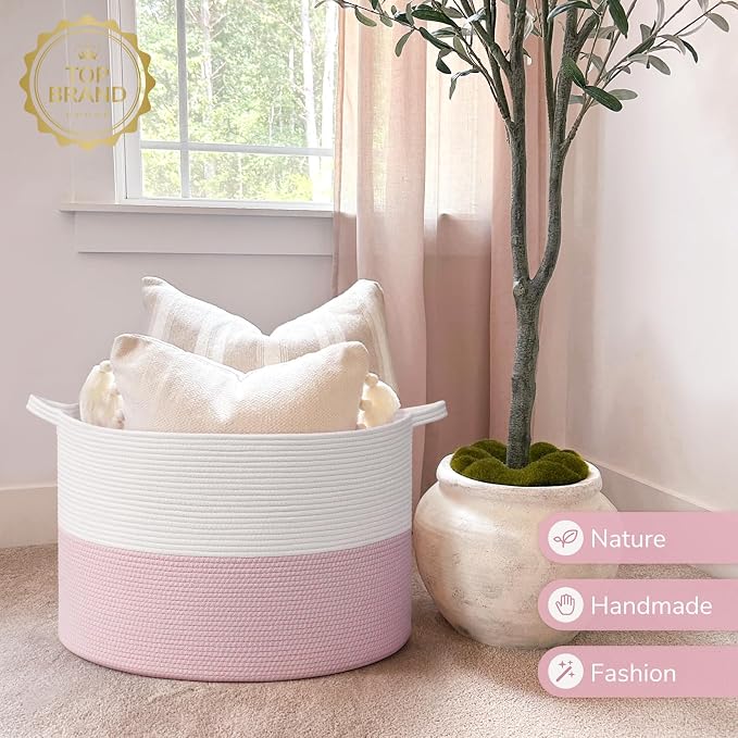 INDRESSME 115L Extra Large Pink Laundry Basket for Stuffed Animal Storage | 23.6" x 15.7" Pink room decor woven rope basket for baby luandry, kids toys pillows. For girls room & nursery, soft-touch