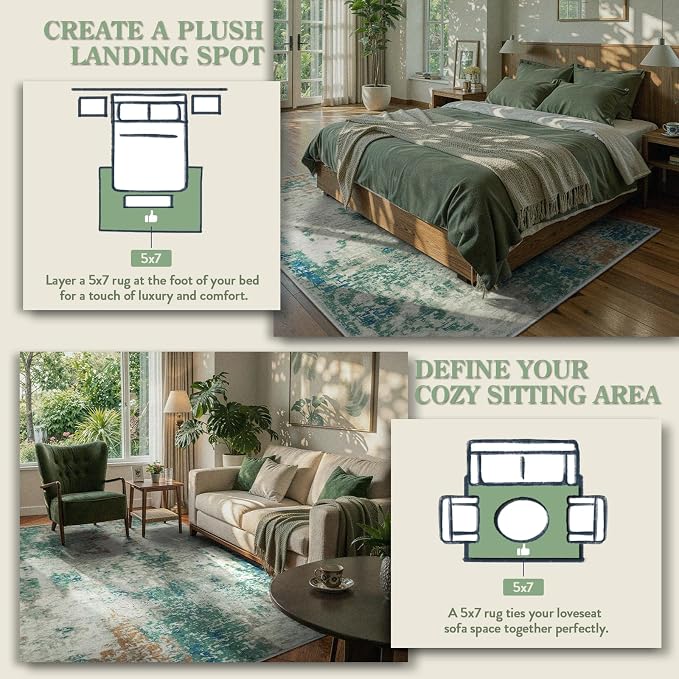Lahome Modern Abstract Area Rug 5x7 Rugs for Living Room, Washable Accent Bedroom Rug Non-Slip Non Skid, Indoor Floor Contemporary Carpet for Kitchen Bathroom Laundry,Green/Grey