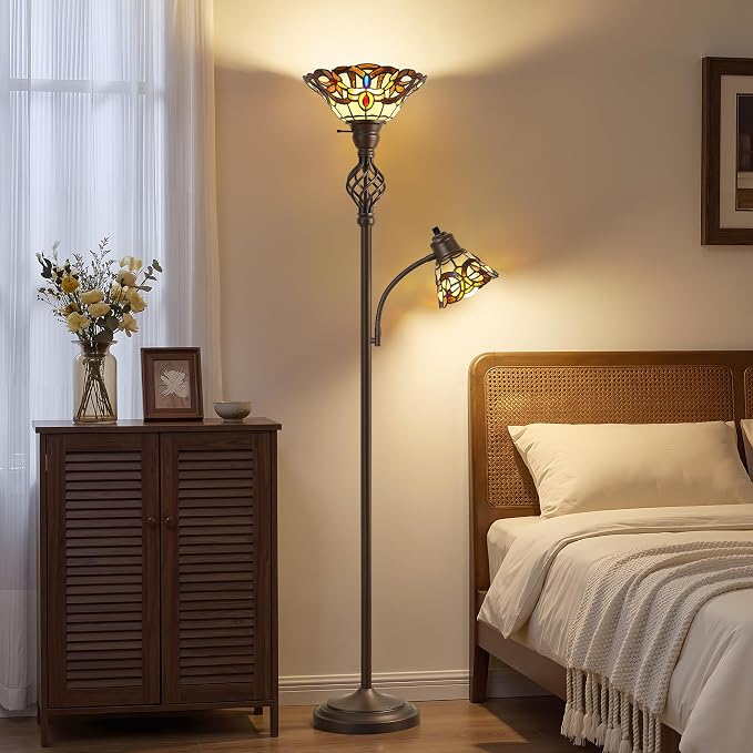 GyroVu Torchiere Floor Lamp for Living Room, Tiffany-Style Reading Light | Stained Glass Lampshade, 72" Tiffany-Style Tall Lamps for Bedroom Corner Home Office, Bulbs Included