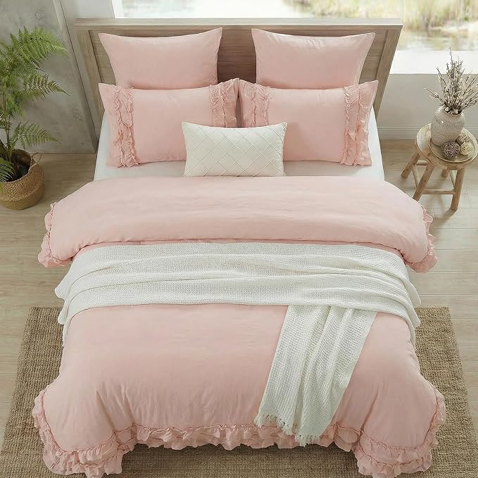 Pink Ruffled Duvet Cover Girls Coquette Bedding Set Cute Lace Fringe Ruffle Bedding Shabby Chic Farmhouse Style Super Soft Cozy Elegant Cover Cover Set Twin Size