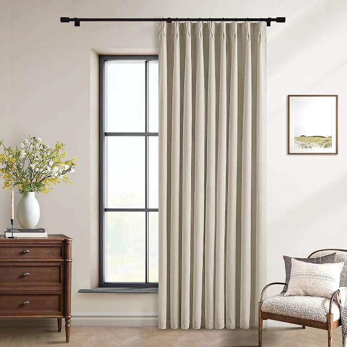 Extra Wide Burlywood Birch Pleated Blackout Linen 60 x 84 Inch Curtains | 100% Black Out, Memory Trained, Pinch Pleat with Back Tab, Noise Reducing, Thermal Insulated Neutral Window Drapes 1 Panel