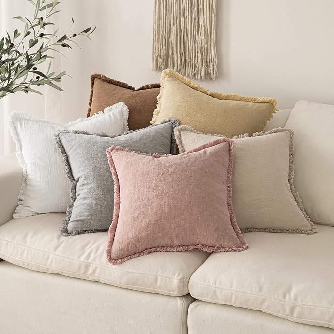 MIULEE Boho Linen Fringe Decorative Throw Pillow Covers White 18x18 | Set of 2, Cottagecore Decor, Boho Farmhouse Neutral Pillow Covers, Rustic Couch Cushion Cases for Sofa Bed Living Room