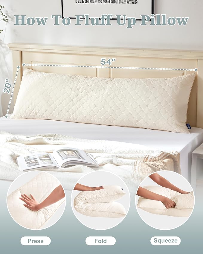 YZ HOME Long Body Pillow for Adults,Firm Body Pillow Shredded Memory Foam | Adjustable Height,Support for Side Sleeper & Pregnant Women(Beige,20x54 Inch)