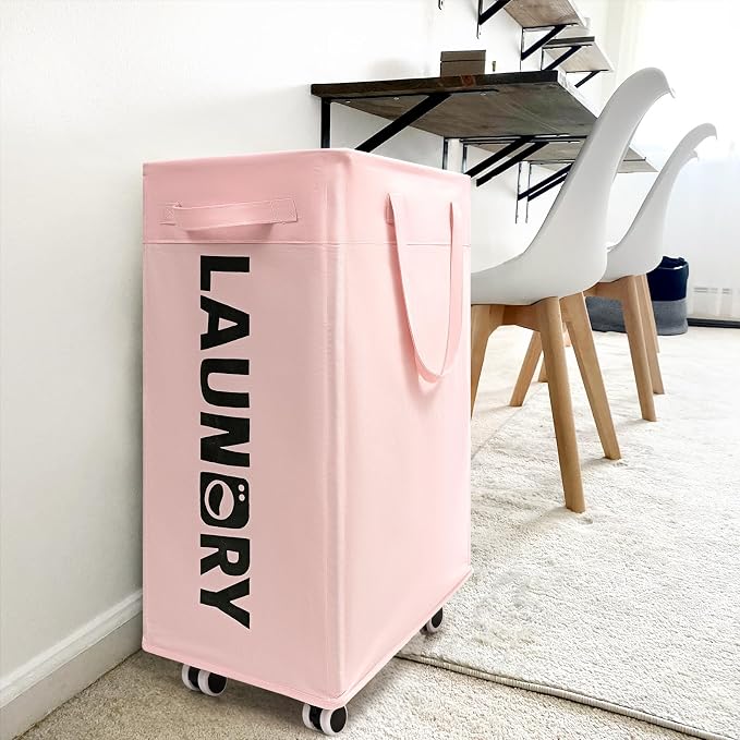 Goodpick 2-Pack Laundry Hamper with Wheels, Dorm Essentials for Girls,75L | Rolling Laundry Basket with Handles for Dirty Clothes, Fodable Hamper for Laundry Room College Dorm, Pink