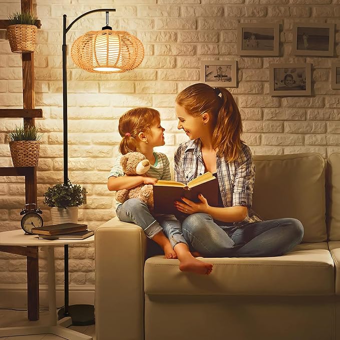 ZECOXOL Arc Floor Lamps for Living Room Bedroom Rattan Boho Floor Lamp with Remote Control,Dimmable Led Standing Lamp Wicker Lamp Shade Rustic Tall Floor Lamp Modern Flower Lamp for Bedroom Corner