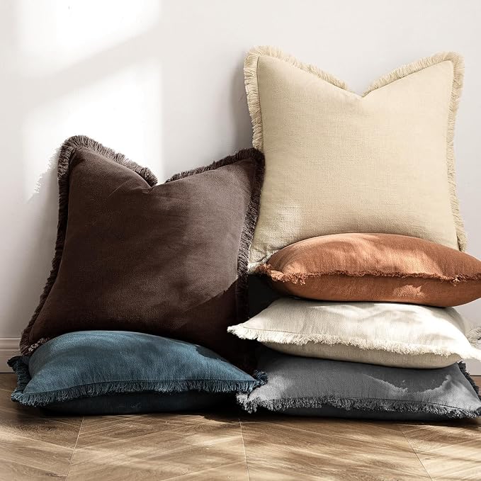 MIULEE Linen Fringe Decorative Fall Euro Pillow Covers Dark Brown 22x22 | Set of 2, Cottagecore Decor, Boho Farmhouse Neutral Throw Pillow Covers, Rustic Fall Couch Cushions for Sofa Bed Living Room