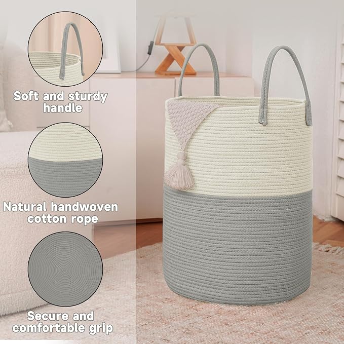 JMvicyroam 80L Cotton Rope Laundry Basket Hamper, White and Grey | Collapsible laundry basket, reinforced handles, freestanding, machine washable, holds 3-5 thick blankets, clothes or toys