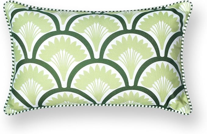 Hofdeco Premium Coastal Patio Indoor Outdoor Lumbar Pillow Cover Only, 12"x20" Water Repellent for Backyard, Couch, Green Print Tropical Ravenala Palm Tree