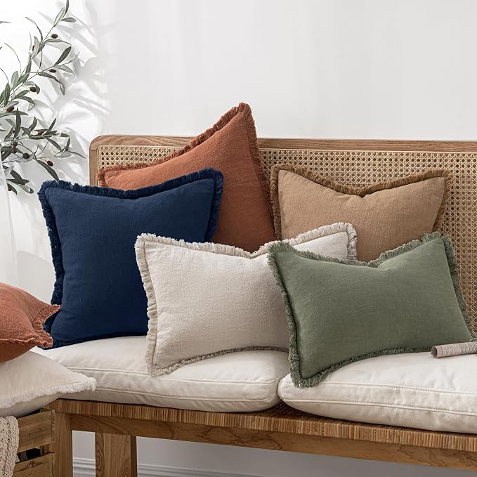 MIULEE Boho Linen Fringe Decorative Throw Pillow Covers Dark Navy 16x16 | Set of 2, Cottagecore Decor, Boho Farmhouse Coastal Pillow Covers, Rustic Couch Cushion Cases for Sofa Bed Living Room