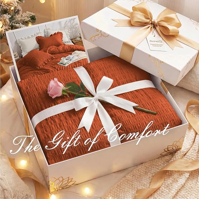JOLLYVOGUE Burnt Orange Comforter Full Size, 3 Pieces Seersucker Lightweight Full Size Bedding, All Season Fluffy Microfiber Bedding Comforter Set with 1 Ruffle Comforter and 2 Ruffle Pillowshams