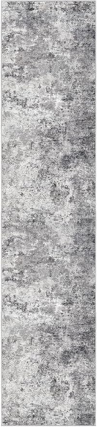 UERMEI 2x10 Washable Runner Rug for Hallway, Non Slip Low Pile Kitchen Carpet, Neutral Modern Abstract Indoor Floor Mat for Entryway Laundry, Kid & Pet Safe High Traffic Area, Grey