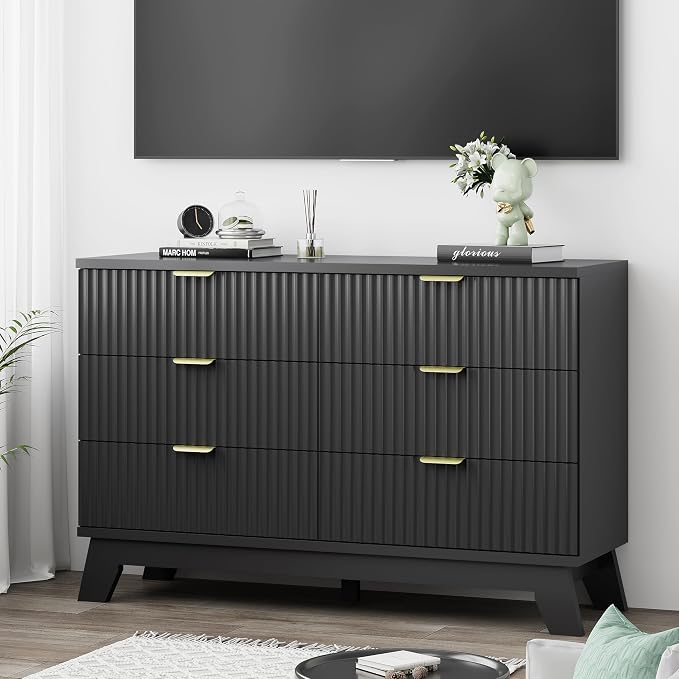 Xixini Fluted Dresser for Bedroom with 6 Drawers, 48" Wide Wooden Chest of Drawers with Metal Handle, Modern Dresser TV Stand, Wood Closet Clothes Storage Organizer for Living Room, Hallway, Black